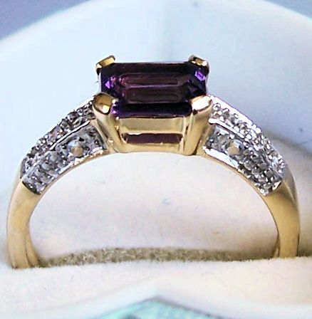 14K GOLD EMERALD CUT 1 CT AMETHYST WHITE TOPAZ RING 7  