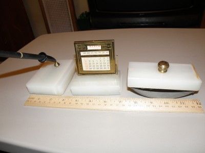 1930s polished onyx desk set blotter, pen, calendar  