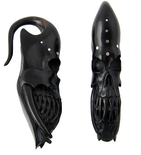 Pair SKULL carved HORN EAR PLUGS EAR GAUGES (PICK SIZE)  