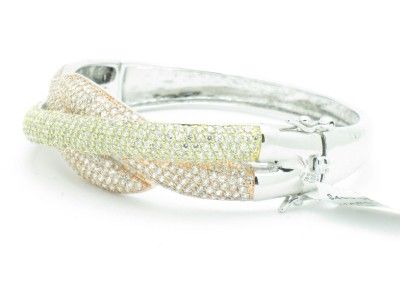   TRI COLOR DIAMOND SET WHITE SAPPHIRE MICRO PAVE BANGLE BRACELET  