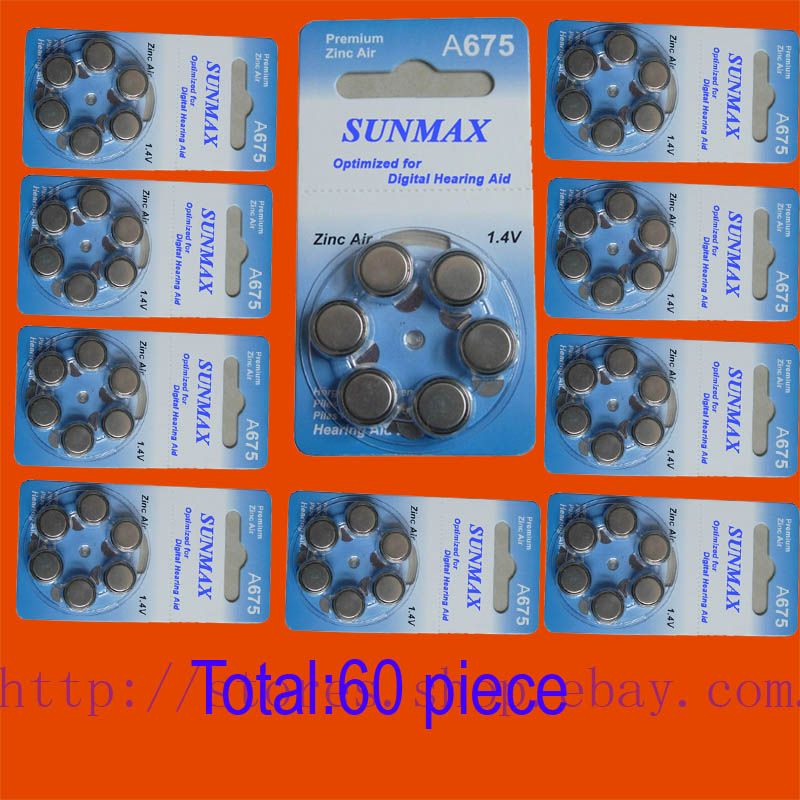 60PCS SUNMAX A675 1.4V,HEARING AID BATTERIES FREESHIP by air mail