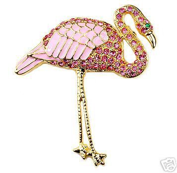 Pink Flamingo Brooch Pin Large Clean Crystals  