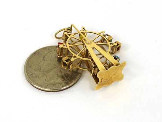 VINTAGE 14K GOLD & ENAMEL 3D MOVABLE FERRIS WHEEL CHARM  