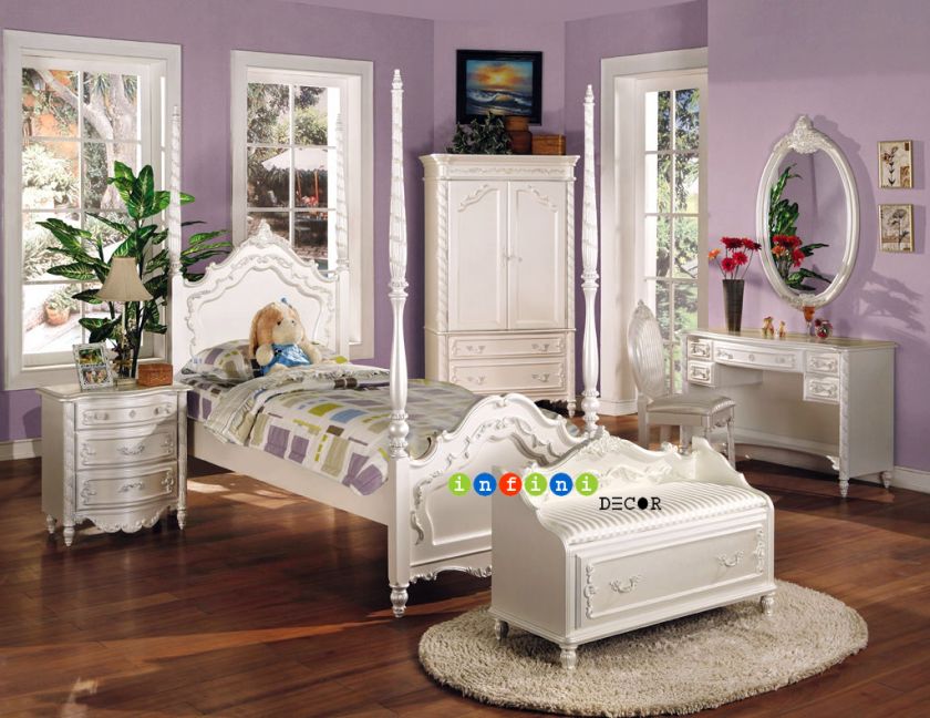 White Full Size Poster Canopy Bed Set Children Bedroom  