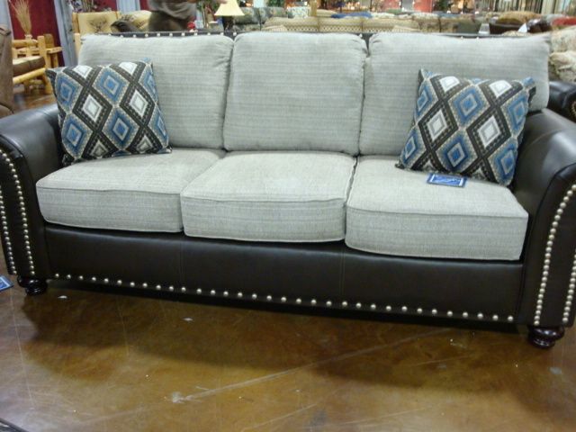 Western Contemporary Sofa Grey Fabric with Leather & Silver Nailheads 