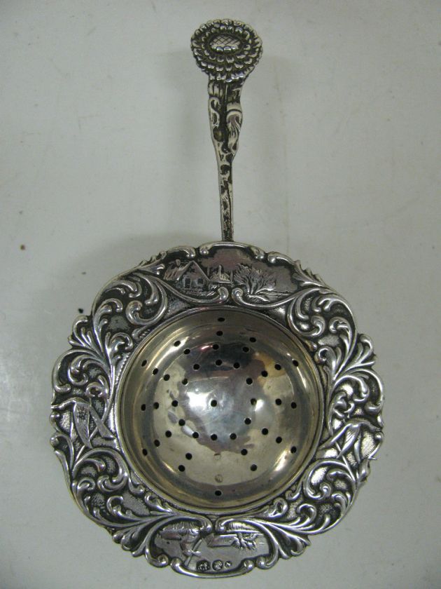   Embossed Dutch Vintage Sterling Silver Tea strainer Flower  