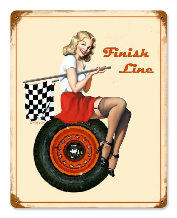 Finish Line very nice racing metal sign w/pin up girl  