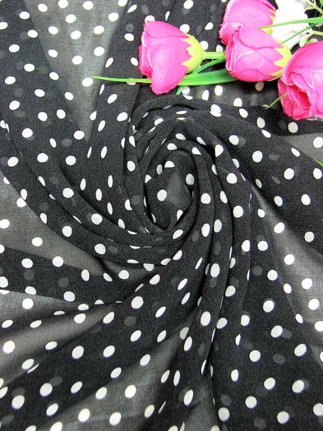 Dressmaking Retro Chiffon Polka Dots Fabric Yards Black  